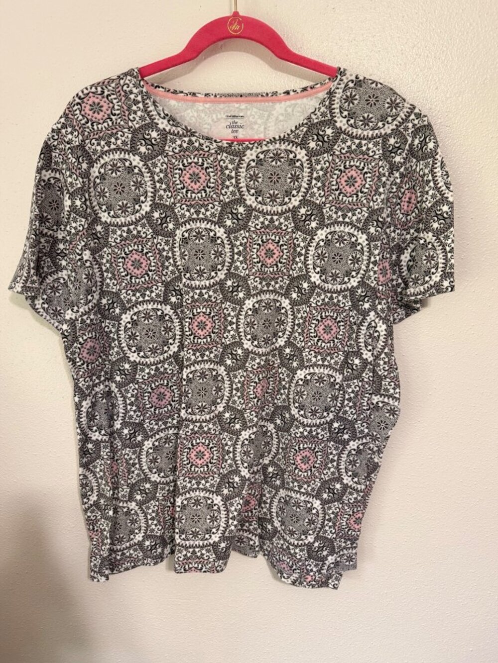 Croft & Barrow Classic Tee Pink Black Mosaic Print S/S Womans 3X